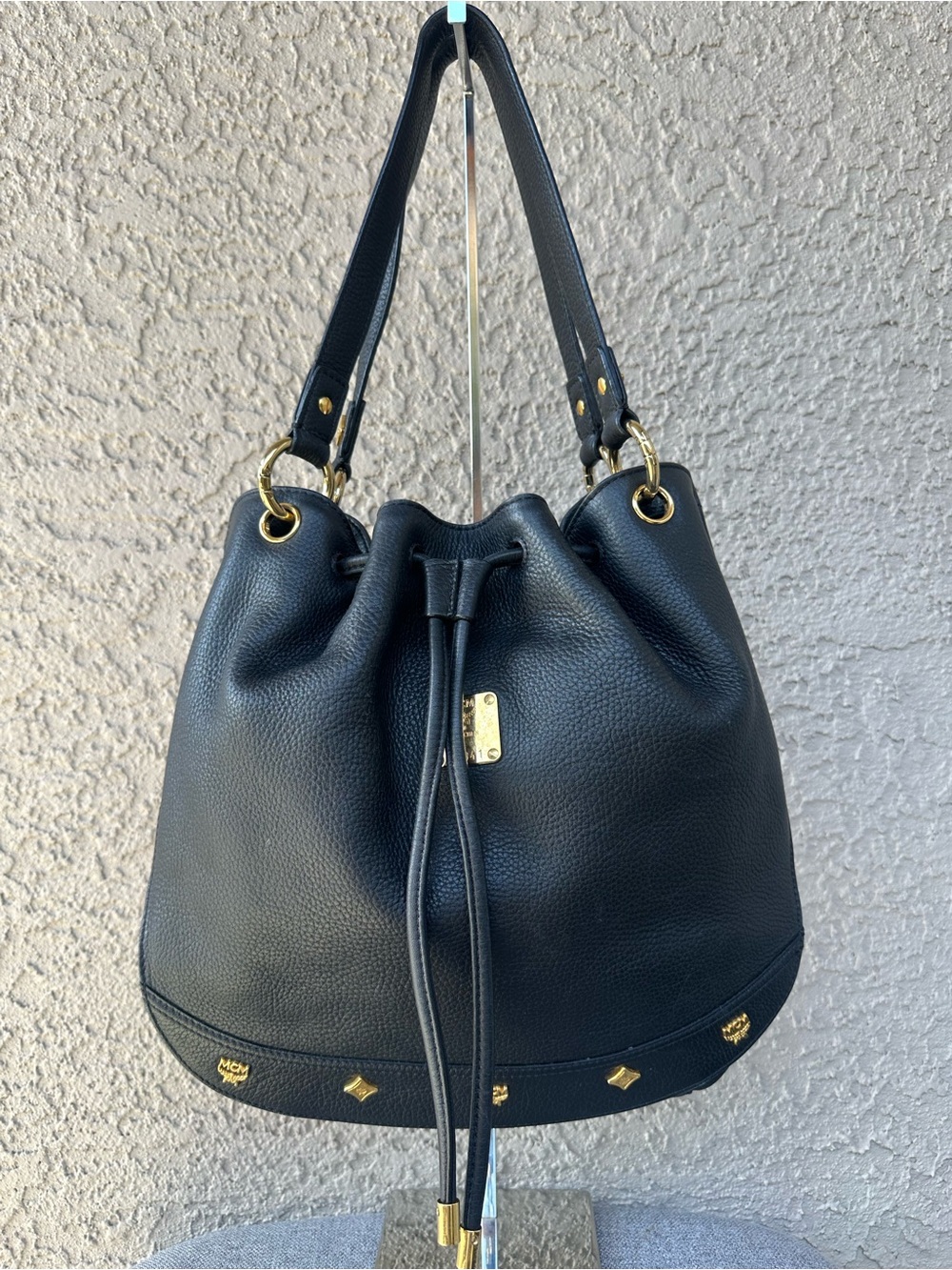 MCM Black Leather Drawstring Bucket shoulder bag